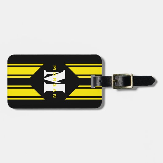 Zwart Geel Racing Stripes Monogram Bagagelabel (Voorkant horizontaal)