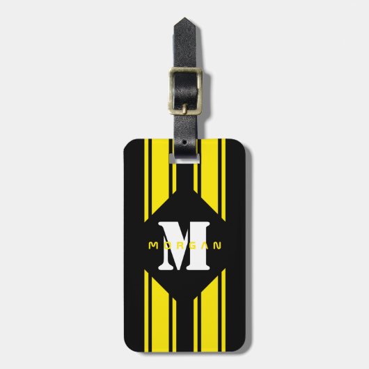 Zwart Geel Racing Stripes Monogram Bagagelabel (Voorkant verticaal)