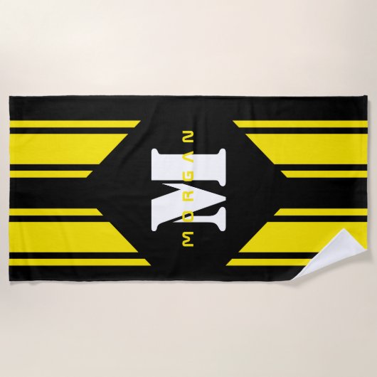 Zwart Geel Racing Stripes Monogram Strandlaken (Voorkant)