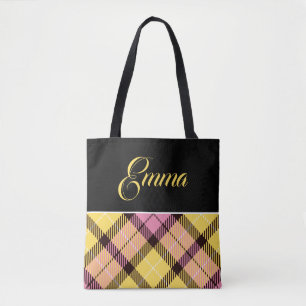 Zwart Geel Roze Geruit Tartan Gepersonaliseerde Na Tote Bag