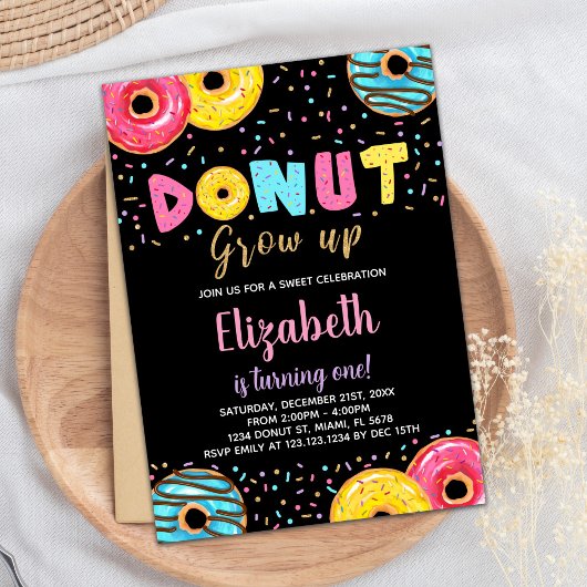 Zwart Geel Roze Groen Donut Verjaardag Uitnodiging