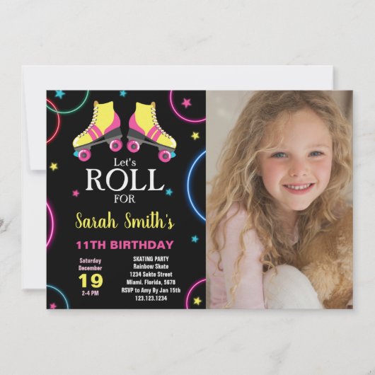 Zwart Geel Roze Schaatsen Verjaardag met Foto Kaart (Voorkant)