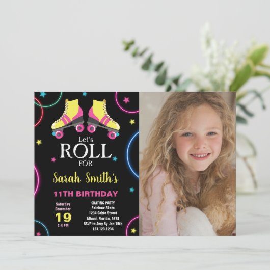 Zwart Geel Roze Schaatsen Verjaardag met Foto Kaart (Staand voorkant)