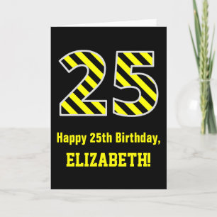 Zwart & geel Striped "25"; 25th Birthday + Name Kaart