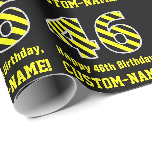 Zwart & geel Striped "46"; 46th Birthday + Name Cadeaupapier (Rol Hoek)