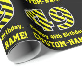 Zwart & geel Striped "49"; 49th Birthday + naam Cadeaupapier (Rol Hoek)