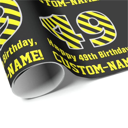 Zwart & geel Striped "49"; 49th Birthday + naam Cadeaupapier (Rol Hoek)