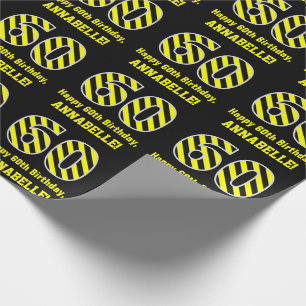 Zwart & geel Striped "60"; 60th Birthday + naam Cadeaupapier