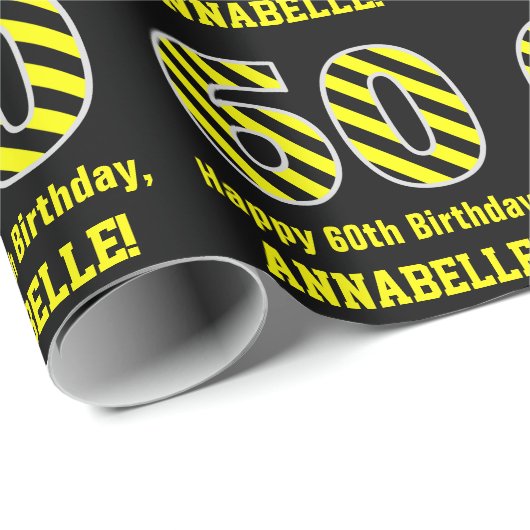 Zwart & geel Striped "60"; 60th Birthday + naam Cadeaupapier (Rol Hoek)
