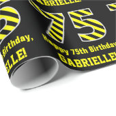 Zwart & geel Striped "75"; 75e verjaardag + naam Cadeaupapier (Rol Hoek)