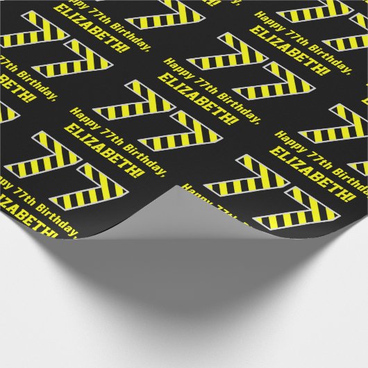 Zwart & geel Striped "77"; 77th Birthday + naam Cadeaupapier (Hoek)