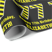 Zwart & geel Striped "77"; 77th Birthday + naam Cadeaupapier (Rol Hoek)
