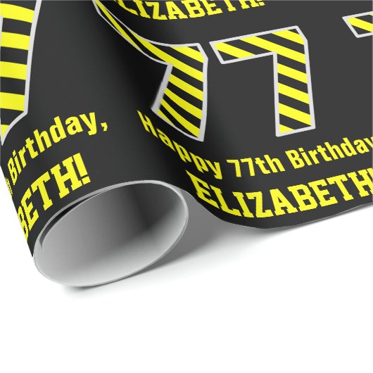 Zwart & geel Striped "77"; 77th Birthday + naam Cadeaupapier (Rol Hoek)