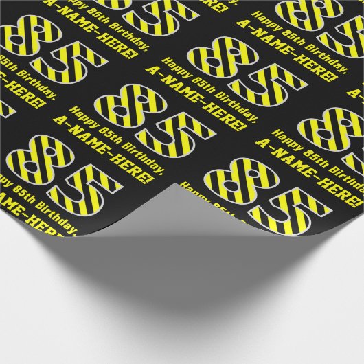 Zwart & geel Striped "85"; 85th Birthday + Name Cadeaupapier (Hoek)