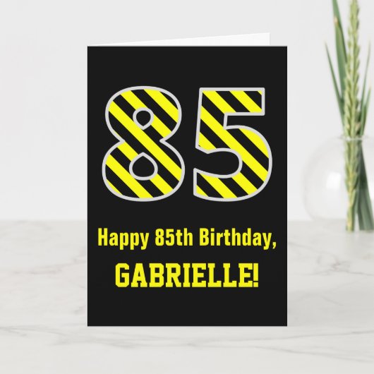 Zwart & geel Striped "85"; 85th Birthday + Name Kaart (Voorkant)