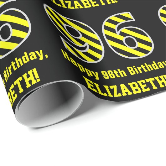 Zwart & geel Striped "96"; 96th Birthday + Name Cadeaupapier (Rol Hoek)