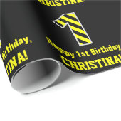 Zwart-geel strips "1"; 1e verjaardag + naam cadeaupapier (Rol Hoek)