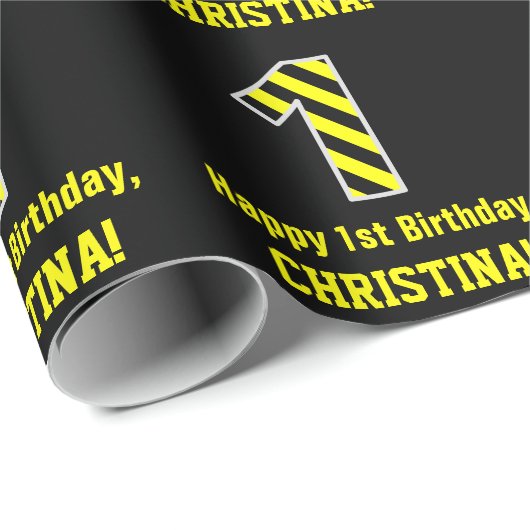Zwart-geel strips "1"; 1e verjaardag + naam cadeaupapier (Rol Hoek)