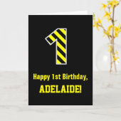 Zwart-geel strips "1"; 1e verjaardag + naam kaart (Gele Bloem)