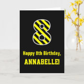Zwart-geel strips "8"; 8e verjaardag + naam kaart (Gele Bloem)
