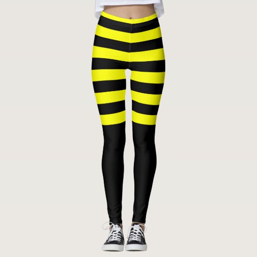 Zwart geel striptierpatroon met blauwe bijenstijl leggings (Voorkant)