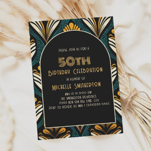 Zwart Geel Teal Art Deco Boog 50ste Verjaardag Kaart