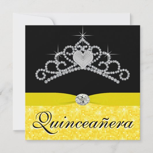 Zwart Geel Tiara Zwart Geel Quinceanera Kaart (Voorkant)