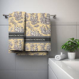  zwart geel Toile de Jouy bedrukt Bad Handdoek