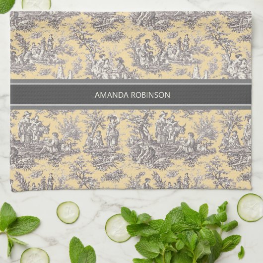  zwart geel Toile de Jouy bedrukt Theedoek (Gevouwen)