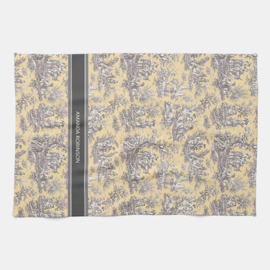  zwart geel Toile de Jouy bedrukt Theedoek (Horizontaal)