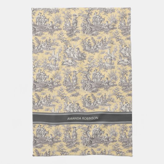  zwart geel Toile de Jouy bedrukt Theedoek (Verticaal)