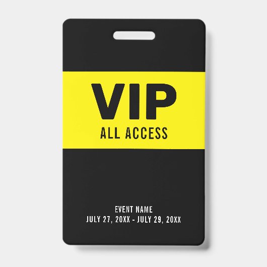 Zwart Geel VIP All Access Pass Event ID Badge (Voorzijde)