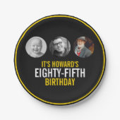 Zwart geel wit drie foto's 85e verjaardag papieren bordje (Voorkant)