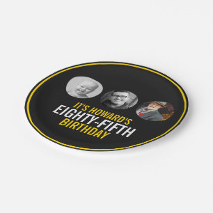 Zwart geel wit drie foto's 85e verjaardag papieren bordje