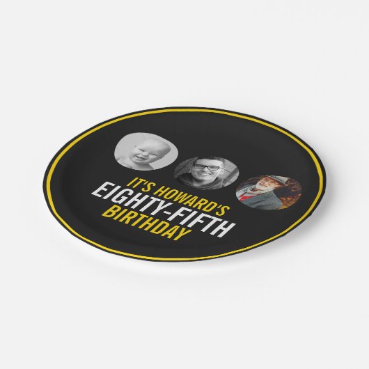 Zwart geel wit drie foto's 85e verjaardag papieren bordje (Gekanteld)