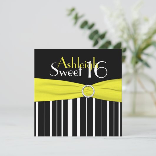 Zwart, geel, wit zoet 16 FAUX Bling uitgenodigd Kaart (Staand voorkant)