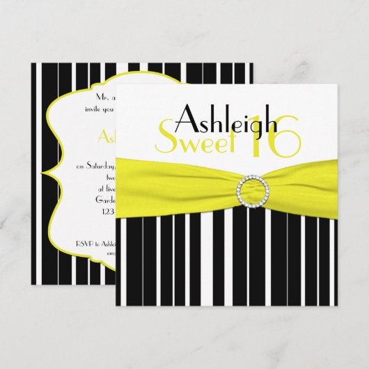 Zwart, geel, wit zoet 16 FAUX Bling uitgenodigd Kaart (Voorkant / Achterkant)