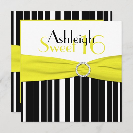 Zwart, geel, wit zoet 16 FAUX Bling uitgenodigd Kaart (Voorkant / Achterkant)