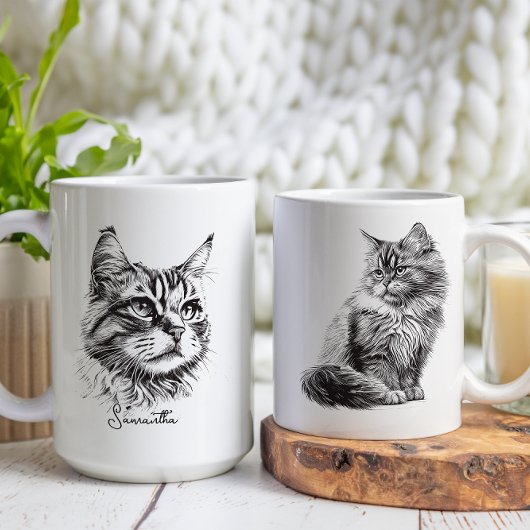 Zwart gegraveerd kattenhoofd schets kunst koffiemok