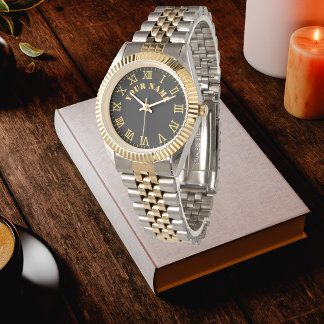 Zwart gegraveerde gouden en zilveren armband horloge