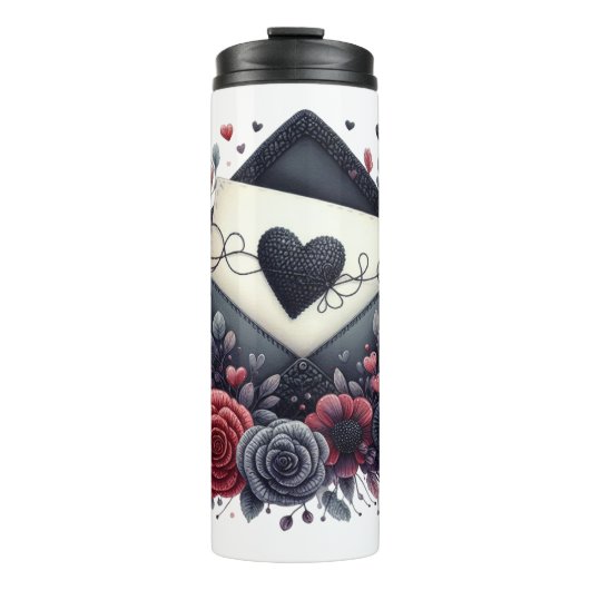 Zwart gehaakte hart op envelop thermosbeker (Voorkant)