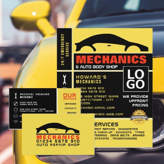 Zwart-gele auto-Logo, automatische mechanische app Visitekaartje