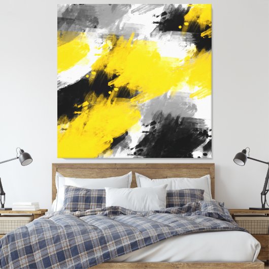 Zwart-gele, moderne Abstracte penseelstreken Canvas Afdruk (Insitu (Slaapkamer))