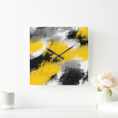 Zwart-gele, moderne Abstracte penseelstreken Vierkante Klok (Huis)