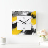 Zwart-gele, moderne Abstracte penseelstreken Vierkante Klok (Huis)