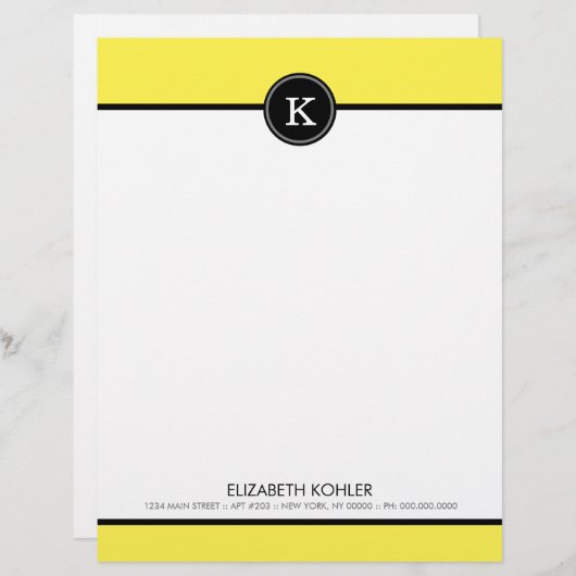 Zwart-gele monogram briefterhead persoonlijk briefhoofd (Voorkant / Achterkant)