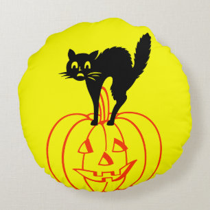 Zwart-gele schedels Pompoen Kat Halloween Rond Kussen