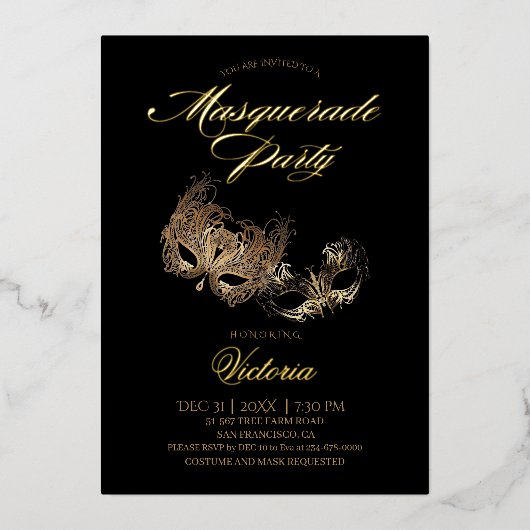 Zwart gemaskerd feest folie uitnodiging (Voorkant)