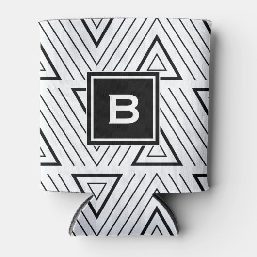 Zwart geometrisch driehoekspatroon Monogram Blikjeskoeler (Voorkant)