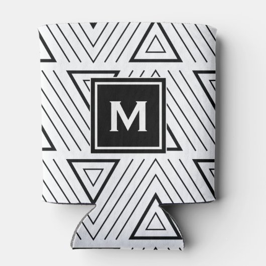 Zwart geometrisch driehoekspatroon Monogram Blikjeskoeler (Achterkant)